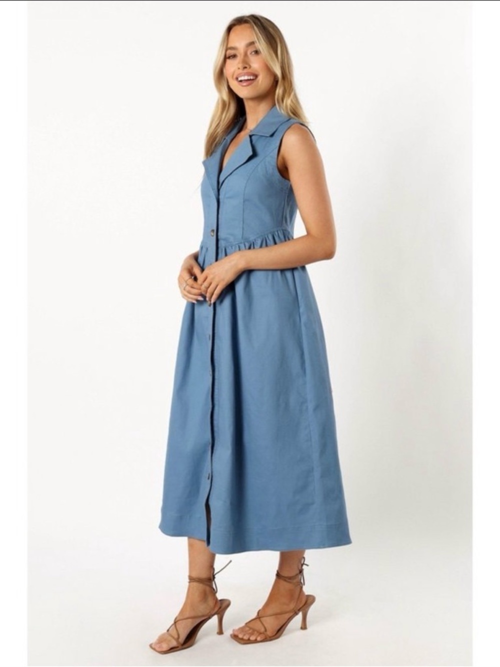 Petal & Pup Sleeveless Button-Front Maxi Dress in Dusty Blue
